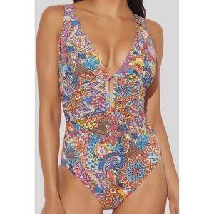 Bleu Rod Beattie Women's Multicolor V-Neck Plunge One-Piece Swimsuit Women's 16